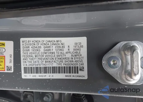 2026 Honda Civic Hybrid Sport/Sport Touring from USA, damaged, VIN 2HGFE4F87TH311717